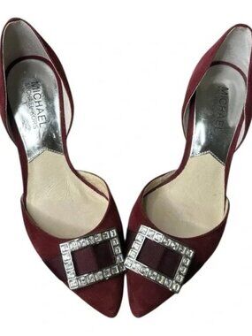 Michael Kors Burgundy Suede Kitten Heels with Rhinestone Buckle – Size 5M